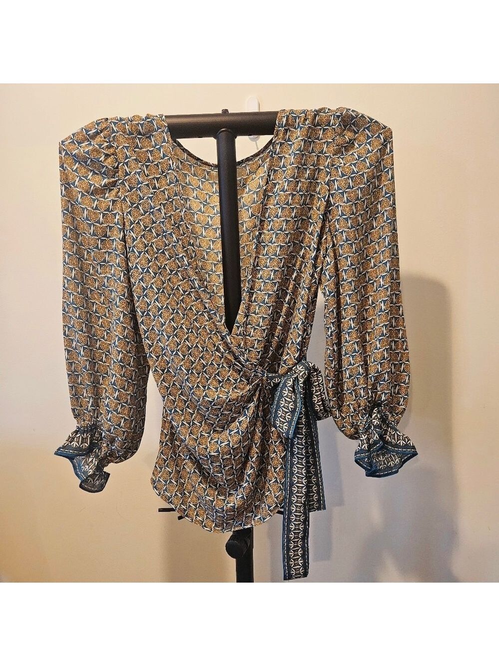 Max Studio Women's Elegant Wrap Blouse in Gold, Green and White, Size Small